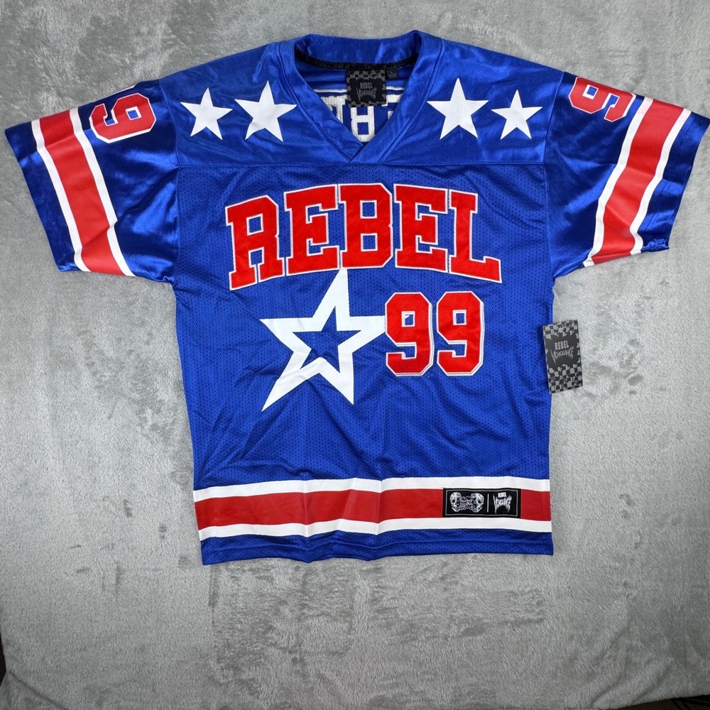 Rebel Vengeance Football Jersey Rebel 99 Stars Blue Red White Mens Large NWT